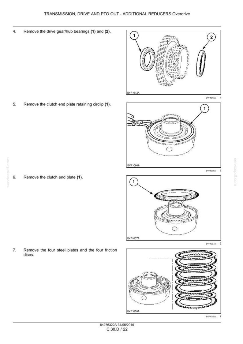 May include: Diagram of transmission components, including gears, bearings, and plates, with numbered callouts for removal steps. Text at the top reads "TRANSMISSION, DRIVE AND PTO OUT - ADDITIONAL REDUCERS Overdrive."