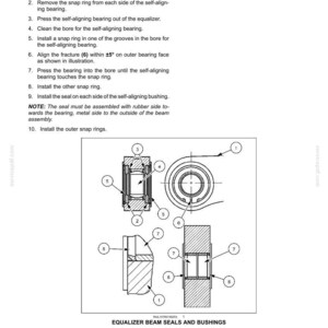 Puede incluir: Diagrama t&eacute;cnico para la sustituci&oacute;n de un rodamiento autoalineante en una viga ecualizadora de v&iacute;a. La imagen presenta dibujos detallados de la viga, juntas y casquillos, con referencias numeradas. El texto proporciona instrucciones.