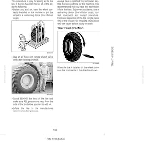 May include: A page from a manual detailing tire maintenance. Illustrations show adding air to tires, tire tread direction, and tire or rim service. Text includes safety precautions and instructions for proper tire inflation.
