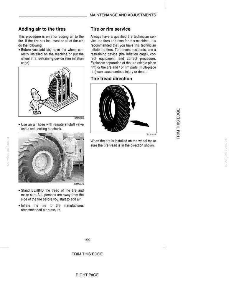 May include: A page from a manual detailing tire maintenance. Illustrations show adding air to tires, tire tread direction, and tire or rim service. Text includes safety precautions and instructions for proper tire inflation.