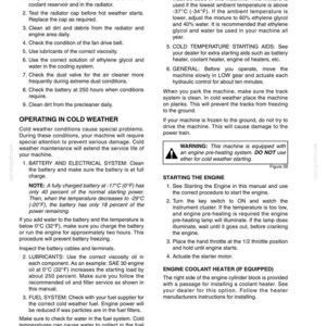 May include: Page from a manual with operating instructions for a machine, including sections on hot and cold weather operation, battery maintenance, and engine starting procedures. Includes a warning about using an engine pre-heating system.