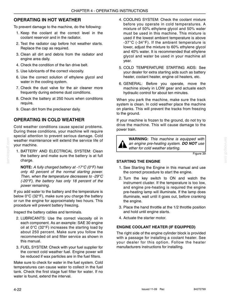 May include: Page from a manual with operating instructions for a machine, including sections on hot and cold weather operation, battery maintenance, and engine starting procedures. Includes a warning about using an engine pre-heating system.