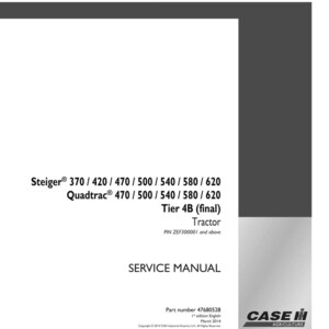 May include: A service manual for Steiger and Quadtrac tractors. The manual includes model numbers 370, 420, 470, 500, 540, 580, and 620. It also includes the text "Tier 4B (final) Tractor" and the Case IH Agriculture logo.