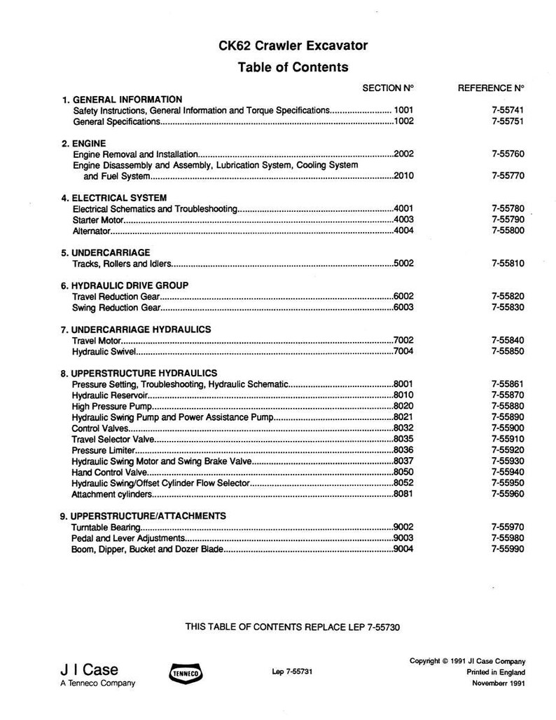May include: A table of contents page for a CK62 Crawler Excavator manual. The document lists sections such as Engine, Electrical System, and Undercarriage Hydraulics. The document is from JI Case, a Tenneco Company.