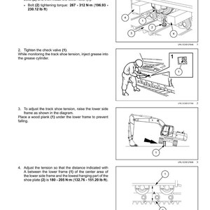 May include: Diagram illustrating track frame roller installation steps. Includes instructions for inserting wood planks, tightening bolts, and adjusting tension. Measurements are provided in both Newton-meters and pound-feet.