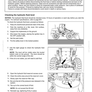 May include: Diagram of a maintenance procedure for checking hydraulic fluid levels in a machine. The image includes a warning about pressurized systems and instructions with illustrations for the process, including opening access covers and checking sight gauges.