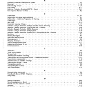 May include: A white document page with a detailed table of contents, featuring various technical terms and page numbers. The document covers topics like safety, engine servicing, and machine operation.