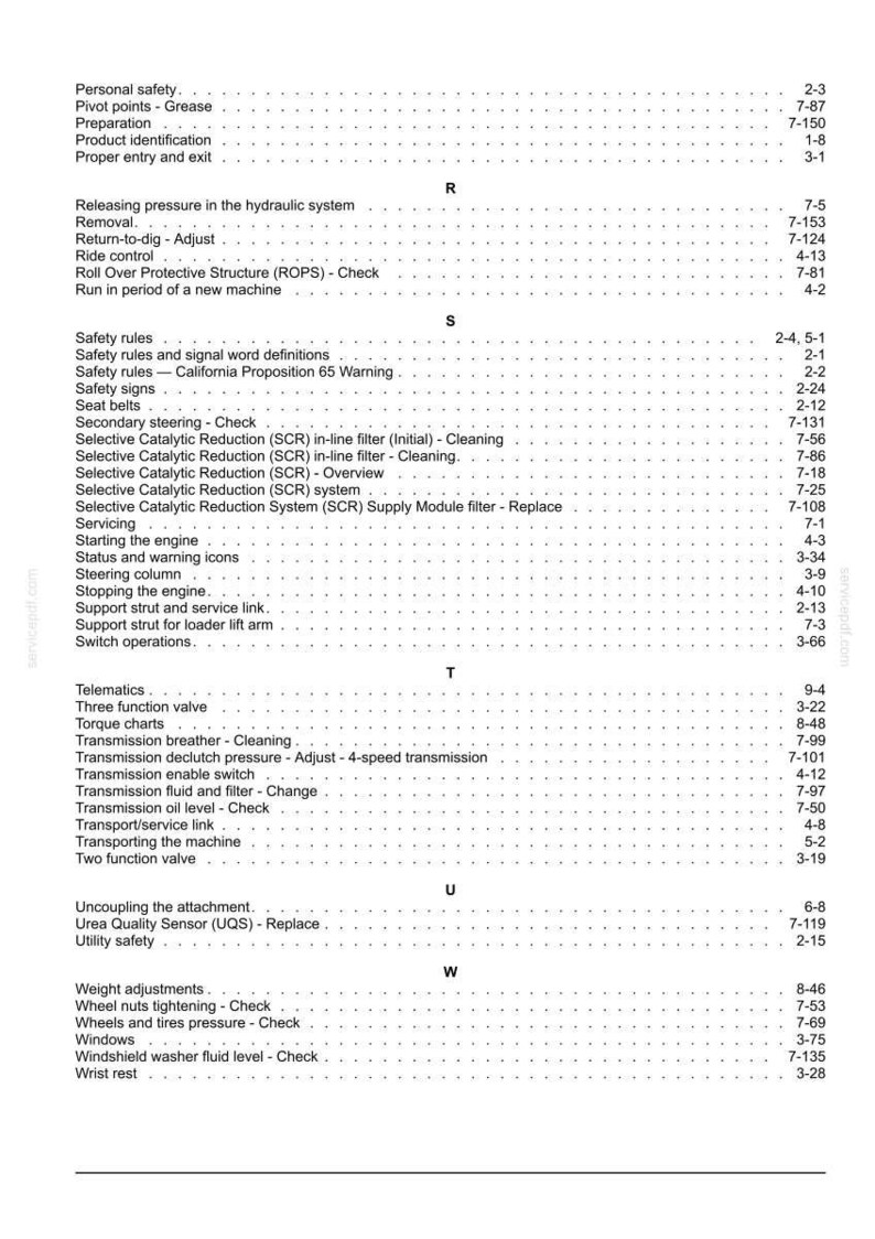 May include: A white document page with a detailed table of contents, featuring various technical terms and page numbers. The document covers topics like safety, engine servicing, and machine operation.