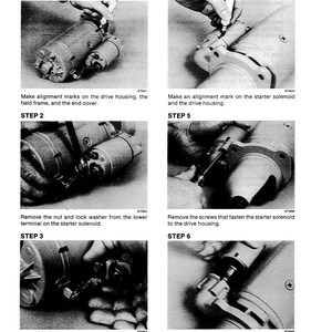 May include: A black and white diagram illustrating the disassembly of a mechanical component. The diagram is divided into six steps, each accompanied by text instructions. The steps involve removing various parts and making alignment marks.