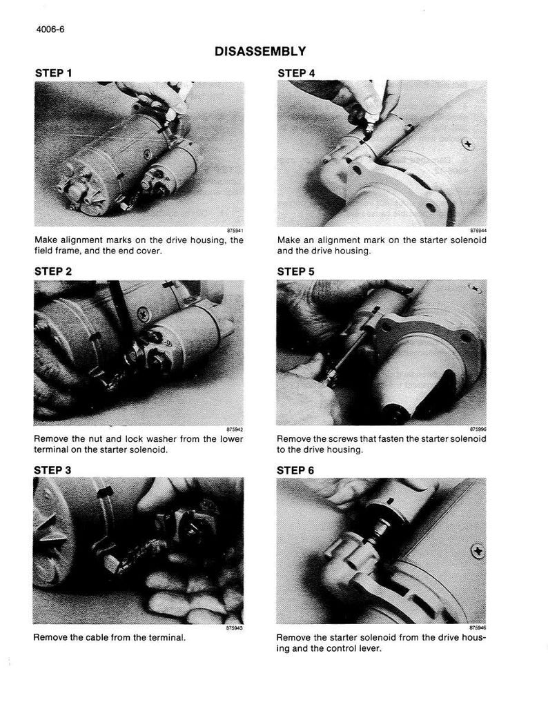 May include: A black and white diagram illustrating the disassembly of a mechanical component. The diagram is divided into six steps, each accompanied by text instructions. The steps involve removing various parts and making alignment marks.