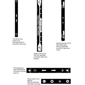 May include: Instruction decals for a machine, featuring black and white graphics and text. Includes labels for front-wheel drive, position control, PTO engagement, and range selector lever. The decals provide part numbers and locations.