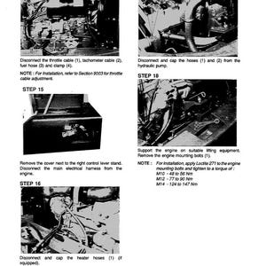 May include: A black and white diagram detailing engine maintenance procedures. The image illustrates steps such as disconnecting cables, hoses, and removing bolts. Text includes torque specifications in Newton meters and instructions for Loctite 271.