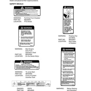 May include: A page of safety decals for Case IH equipment. The decals include warnings about starting the engine, jumping the battery, and rotating fan and belts. Each decal includes a warning, part number, and location.
