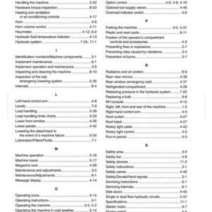 May include: A page from a manual titled "SECTION 12 - ALPHABETICAL INDEX." The index lists various machine components and operations, including "Operating the machine in cold weather" and "Hydraulic system."