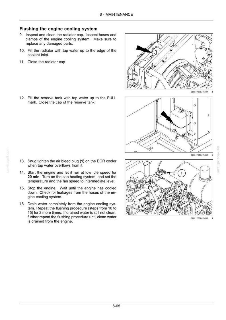 May include: Diagram showing engine cooling system maintenance steps. Text details flushing, filling with water, and leak checks. Includes illustrations of engine parts and arrows pointing to specific areas.