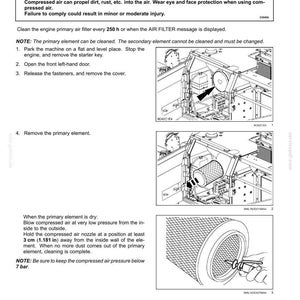 Puede incluir: Diagrama de un filtro de aire primario del motor con instrucciones de limpieza. La imagen incluye una advertencia sobre la proyecci&oacute;n de residuos y la necesidad de protecci&oacute;n ocular. El texto tambi&eacute;n menciona la limpieza del filtro cada 250 horas.