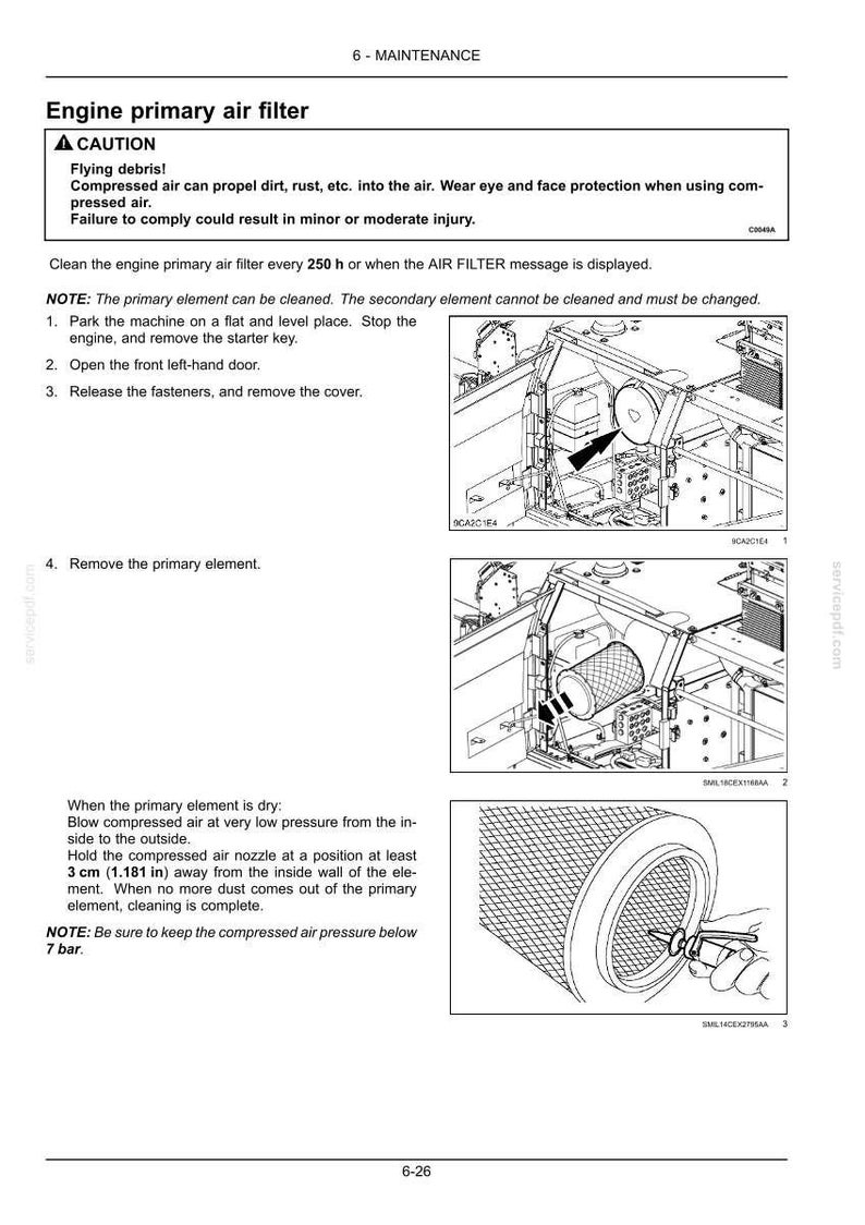 Puede incluir: Diagrama de un filtro de aire primario del motor con instrucciones de limpieza. La imagen incluye una advertencia sobre la proyecci&oacute;n de residuos y la necesidad de protecci&oacute;n ocular. El texto tambi&eacute;n menciona la limpieza del filtro cada 250 horas.