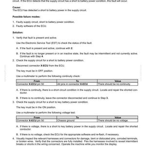 May include: Diagnostic information for fault code 27261, Actuator relay 3 circuit short to battery failure. Includes context, cause, possible failure modes, and a step-by-step solution with multimeter tests. Text on a white background.
