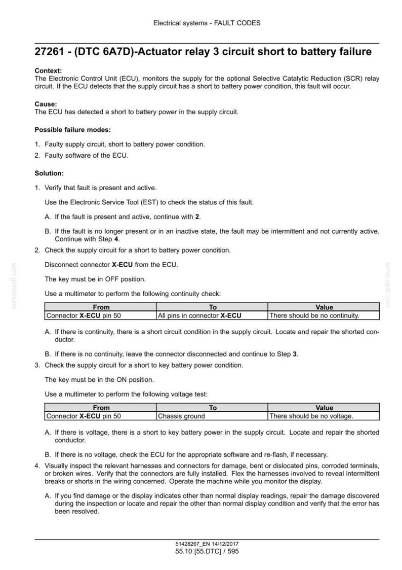 May include: Diagnostic information for fault code 27261, Actuator relay 3 circuit short to battery failure. Includes context, cause, possible failure modes, and a step-by-step solution with multimeter tests. Text on a white background.