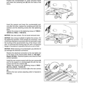 May include: Diagram of a counterweight installation process, including steps for installing centering pins, spacers, and screws. The image includes diagrams with numbered components and torque specifications in foot-pounds.