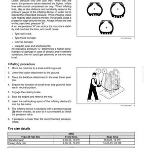 May include: Diagrams and instructions for checking and inflating tires. Includes tire pressure check guidelines, diagrams of tire conditions, and a step-by-step inflating procedure. Also includes tire size details.