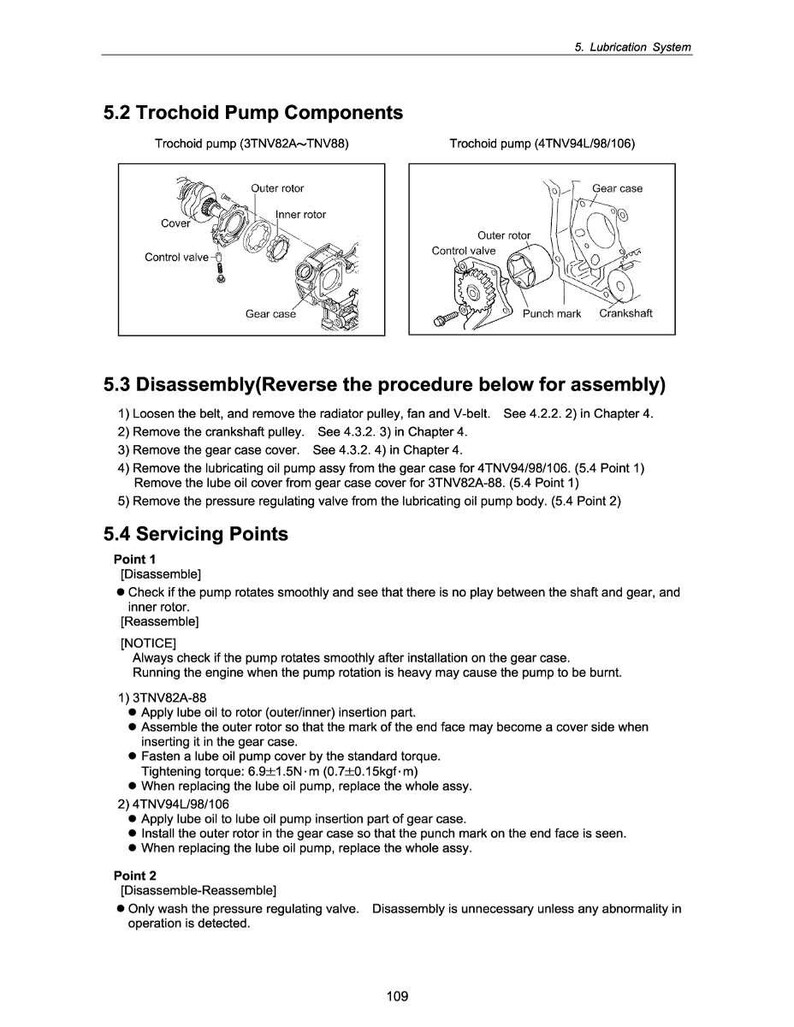 May include: Diagram of trochoid pump components and disassembly instructions. The image includes detailed illustrations of pump parts, including the outer rotor, inner rotor, and gear case. Text provides step-by-step instructions for servicing the pump.