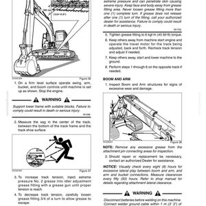 May include: A technical manual page titled Chapter 6 Maintenance and Adjustments, featuring black and white line drawings of an excavator. It includes instructions for track tensioning, boom and arm inspection, and safety warnings regarding grease pressure.