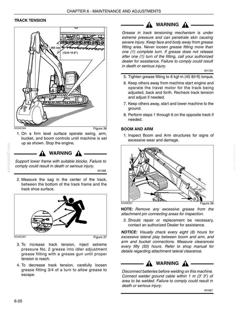 May include: A technical manual page titled Chapter 6 Maintenance and Adjustments, featuring black and white line drawings of an excavator. It includes instructions for track tensioning, boom and arm inspection, and safety warnings regarding grease pressure.