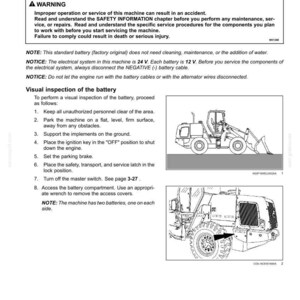 May include: A page from a maintenance manual detailing the electrical system of a machine. The text includes warnings about safety and instructions for battery inspection. Two diagrams of the machine are included.