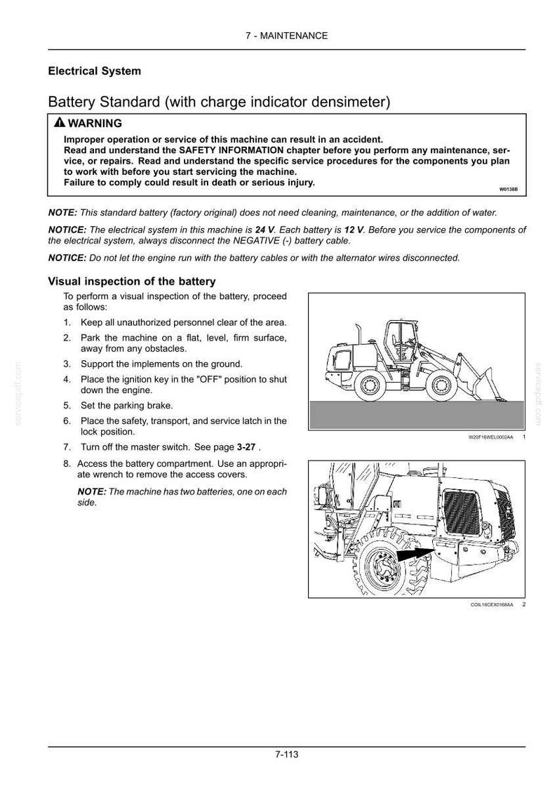 May include: A page from a maintenance manual detailing the electrical system of a machine. The text includes warnings about safety and instructions for battery inspection. Two diagrams of the machine are included.