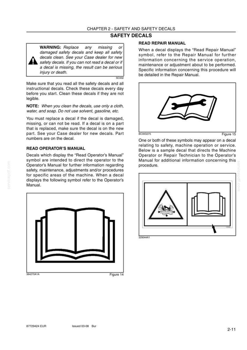 May include: A page from a manual titled "Safety Decals" with safety warnings and instructions. Includes illustrations of symbols and text about decal replacement and reading manuals. The page is white with black text and illustrations.