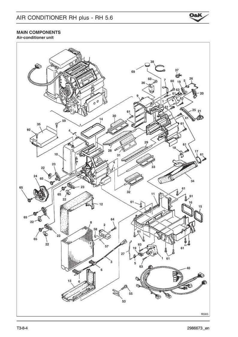 May include: Diagram of an air conditioner unit, labeled "AIR CONDITIONER RH plus - RH 5.6". The image shows an exploded view of the unit's components, including wiring, panels, and various mechanical parts. The diagram is labeled with numbers.