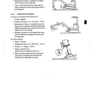 May include: A page from a maintenance manual with diagrams and text detailing procedures for testing and maintaining heavy machinery components, including dozer cylinder speed and gravity drift of cylinders. The diagrams show the machinery in various positions.
