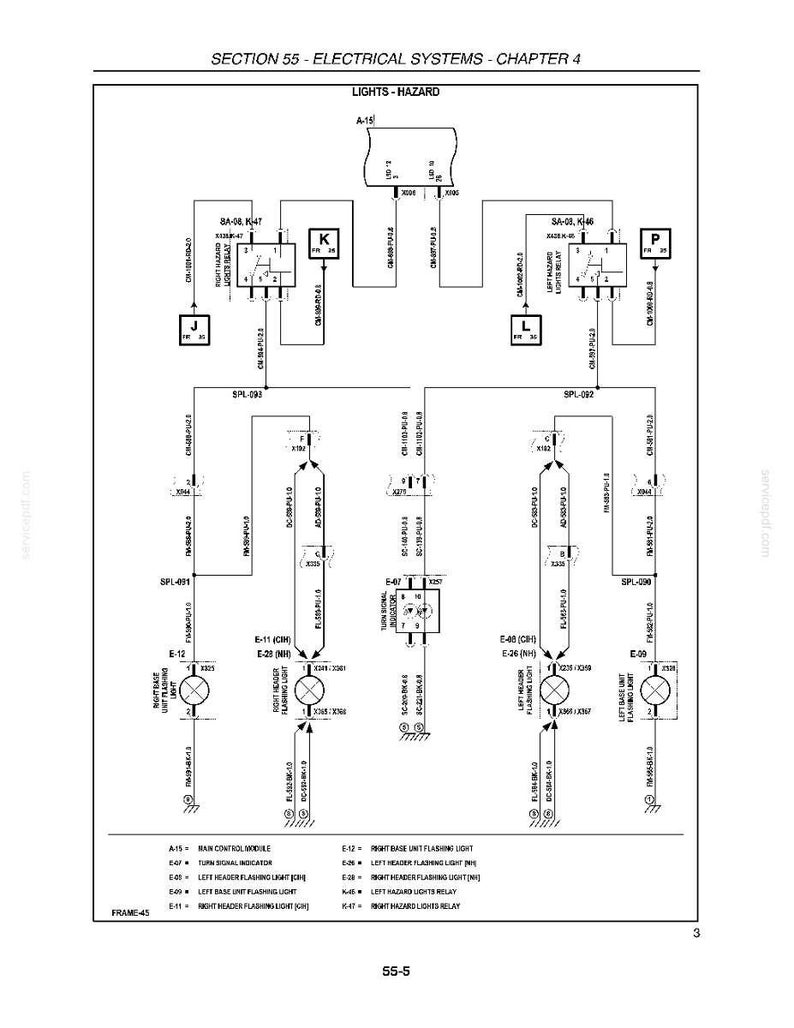May include: Diagram of an electrical system, labeled "SECTION 55 - ELECTRICAL SYSTEMS - CHAPTER 4". The diagram includes various components, wiring, and text labels such as "LIGHTS - HAZARD" and "MAIN CONTROL MODULE".