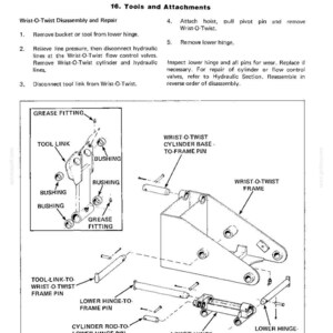 May include: Diagram of a mechanical system, labeled "DROTT CRUZ-AIR," with an exploded view of a "Wrist-O-Twist" assembly. The image includes labels for various components like "Grease Fitting," "Tool Link," and "Lower Hinge," along with numbered disassembly steps.