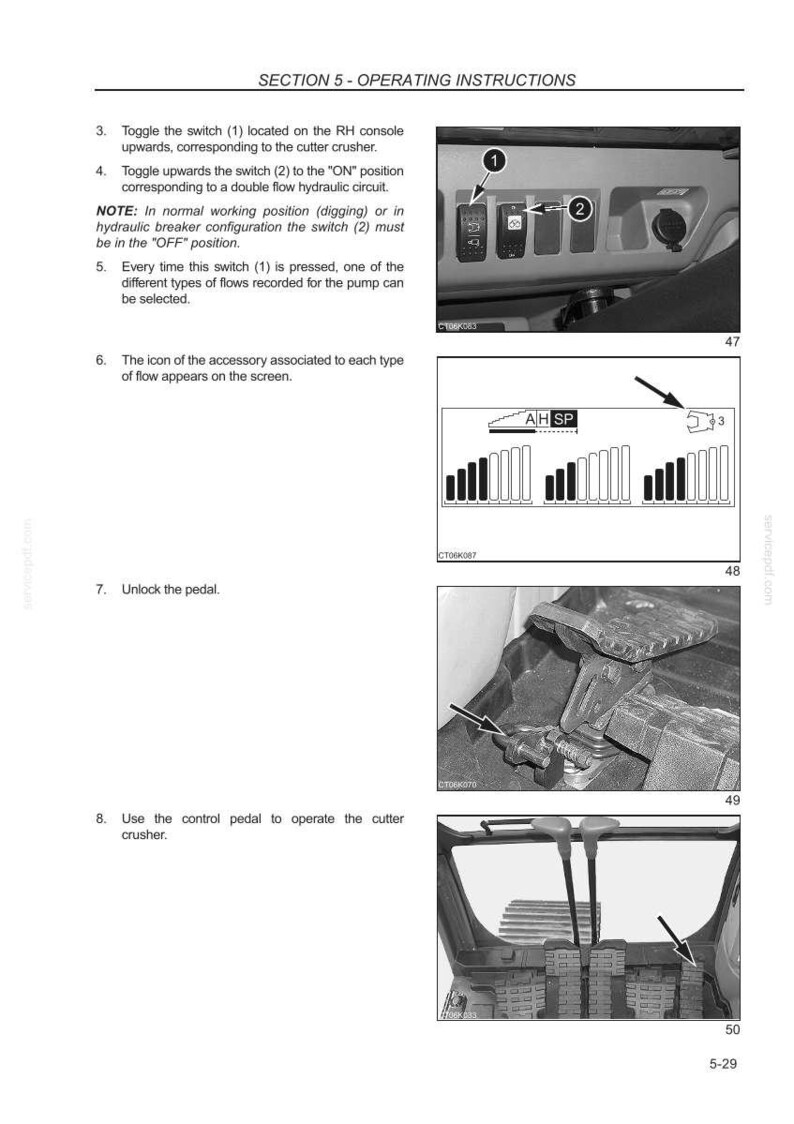 May include: A page from an operating manual with instructions and diagrams. The manual includes text and images detailing the operation of machinery controls, including switches, pedals, and screen displays. The images are in black and white.