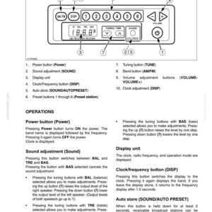 May include: Diagram of a car radio control panel with buttons for power, sound, display, and tuning. The radio has a digital display showing numbers and a tuning dial. The panel is labeled "CAB RADIO (Type A)".