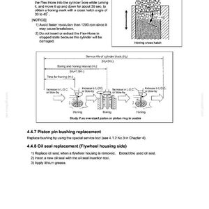 May include: Diagram from a manual detailing engine disassembly, inspection, and reassembly. Includes instructions for honing, boring, and oil seal replacement. Features diagrams illustrating cross hatch angles and service life of cylinder blocks. Text includes "Flex-Hone" and "lithium grease".