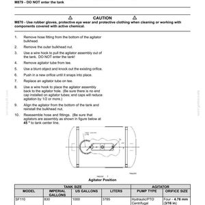 May include: A technical document titled Field Processing - Spraying Plumbing System, detailing the replacement of an agitator. It includes safety cautions, a ten-step instructional list, a diagram of agitator positioning, and a table of specifications.