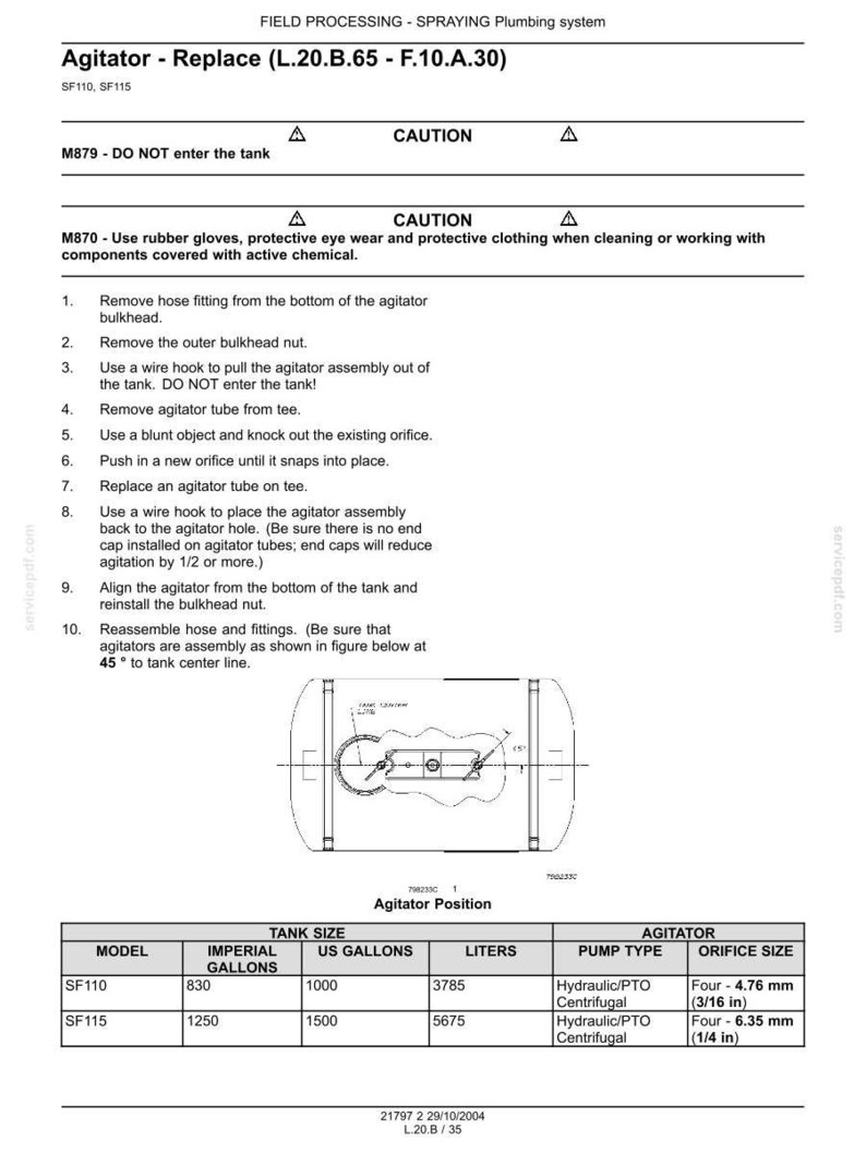 May include: A technical document titled Field Processing - Spraying Plumbing System, detailing the replacement of an agitator. It includes safety cautions, a ten-step instructional list, a diagram of agitator positioning, and a table of specifications.
