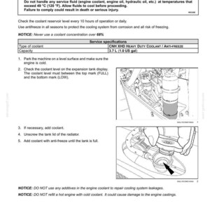 May include: A page from a maintenance manual detailing how to check the engine coolant level. Includes a warning about burn hazards, service specifications, and instructions with diagrams. The capacity is 3.7 L (1.0 US gal).