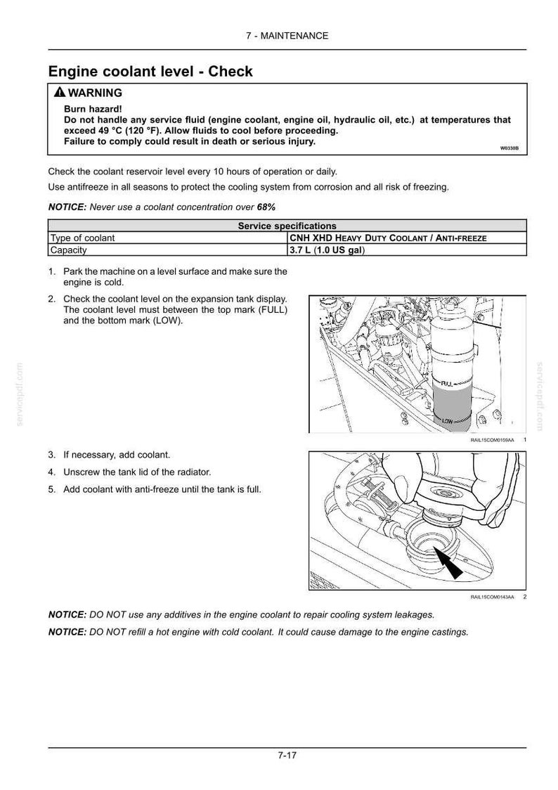 May include: A page from a maintenance manual detailing how to check the engine coolant level. Includes a warning about burn hazards, service specifications, and instructions with diagrams. The capacity is 3.7 L (1.0 US gal).