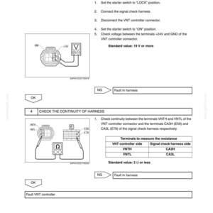 May include: A technical document page titled ENGINE DIAGNOSIS CODE 17-193, detailing procedures for measuring voltage between sensor terminals and checking harness continuity, including wiring diagrams, standard values of 19 V and 2 ohms.