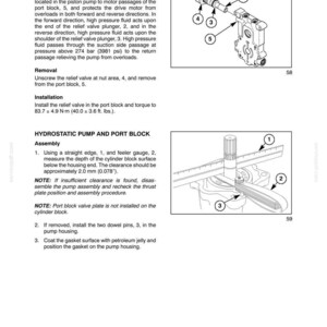 May include: A technical manual page titled Section 29 Hydrostatic Transmission Chapter 1. It features two diagrams: a high pressure relief valve assembly with numbered parts and a hydrostatic pump and port block assembly with a straight edge and feeler gauge.
