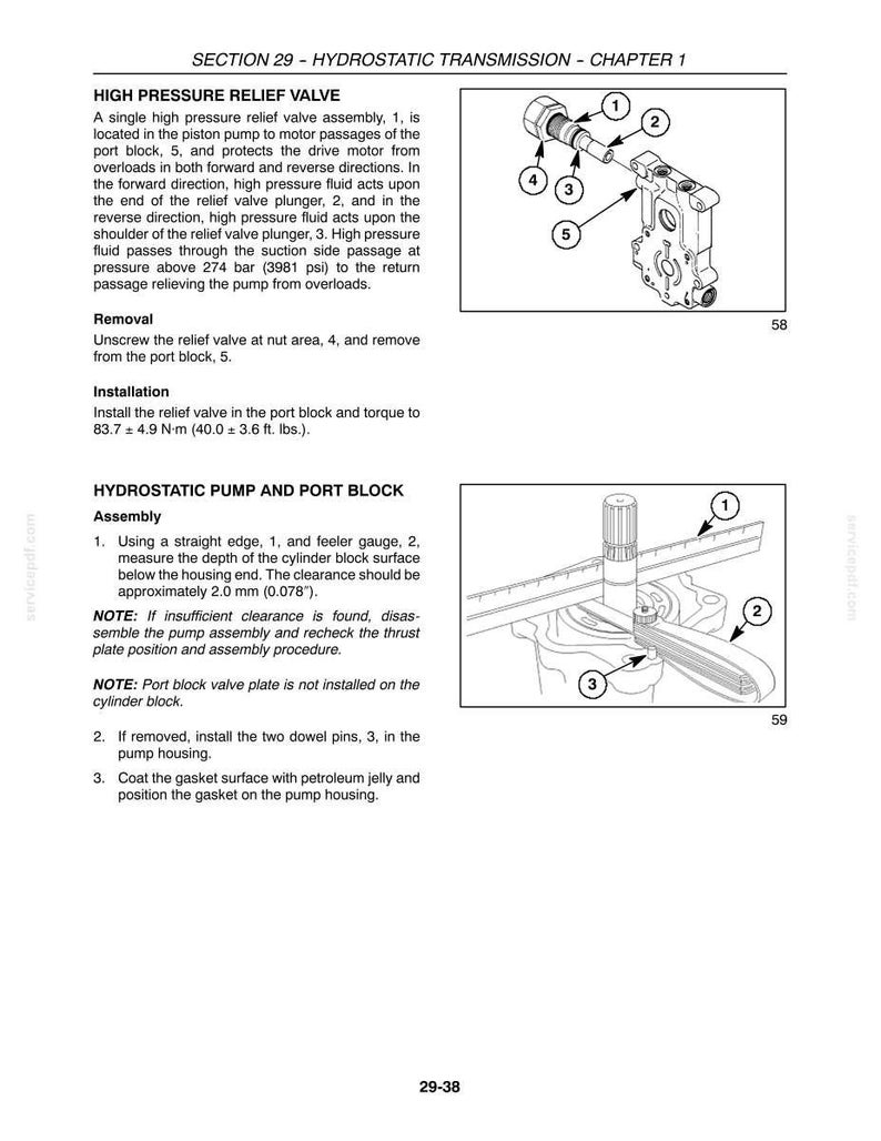May include: A technical manual page titled Section 29 Hydrostatic Transmission Chapter 1. It features two diagrams: a high pressure relief valve assembly with numbered parts and a hydrostatic pump and port block assembly with a straight edge and feeler gauge.