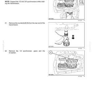 May include: A technical manual page titled Transmission, Drive and PTO Out - Transmission Power Shuttle, featuring three black and white line drawings illustrating the middle section removal process, including gear components, a circlip, and a countershaft.