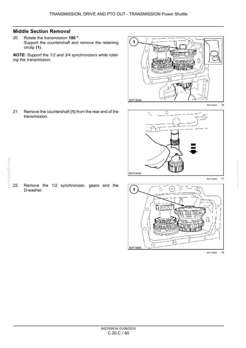 May include: A technical manual page titled Transmission, Drive and PTO Out - Transmission Power Shuttle, featuring three black and white line drawings illustrating the middle section removal process, including gear components, a circlip, and a countershaft.