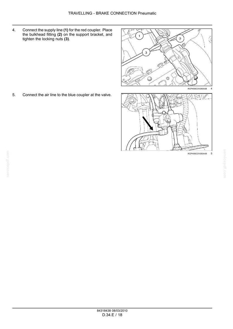 May include: Diagram illustrating brake connection components, including a red coupler, bulkhead fitting, and locking nuts. The image also shows the connection of an air line to a blue coupler at a valve. Text includes instructions and part numbers.