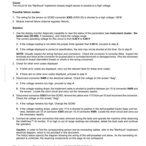 以下が含まれることがあります： 電気システムの故障コードを詳述した技術文書。クレードル高さセンサーの短絡に関するトラブルシューティング手順を記載しており、電圧チェックやコネクタ診断が含まれています。白地の背景に黒いテキストで書かれています。