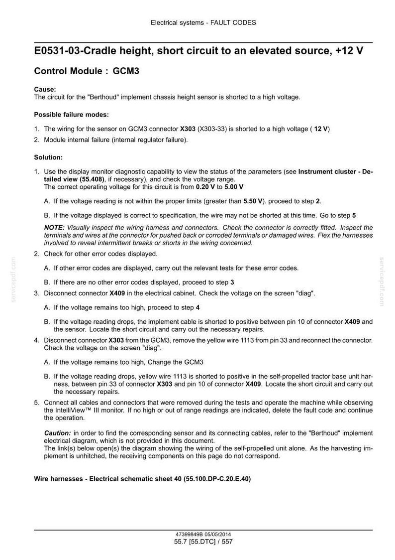 以下が含まれることがあります： 電気システムの故障コードを詳述した技術文書。クレードル高さセンサーの短絡に関するトラブルシューティング手順を記載しており、電圧チェックやコネクタ診断が含まれています。白地の背景に黒いテキストで書かれています。